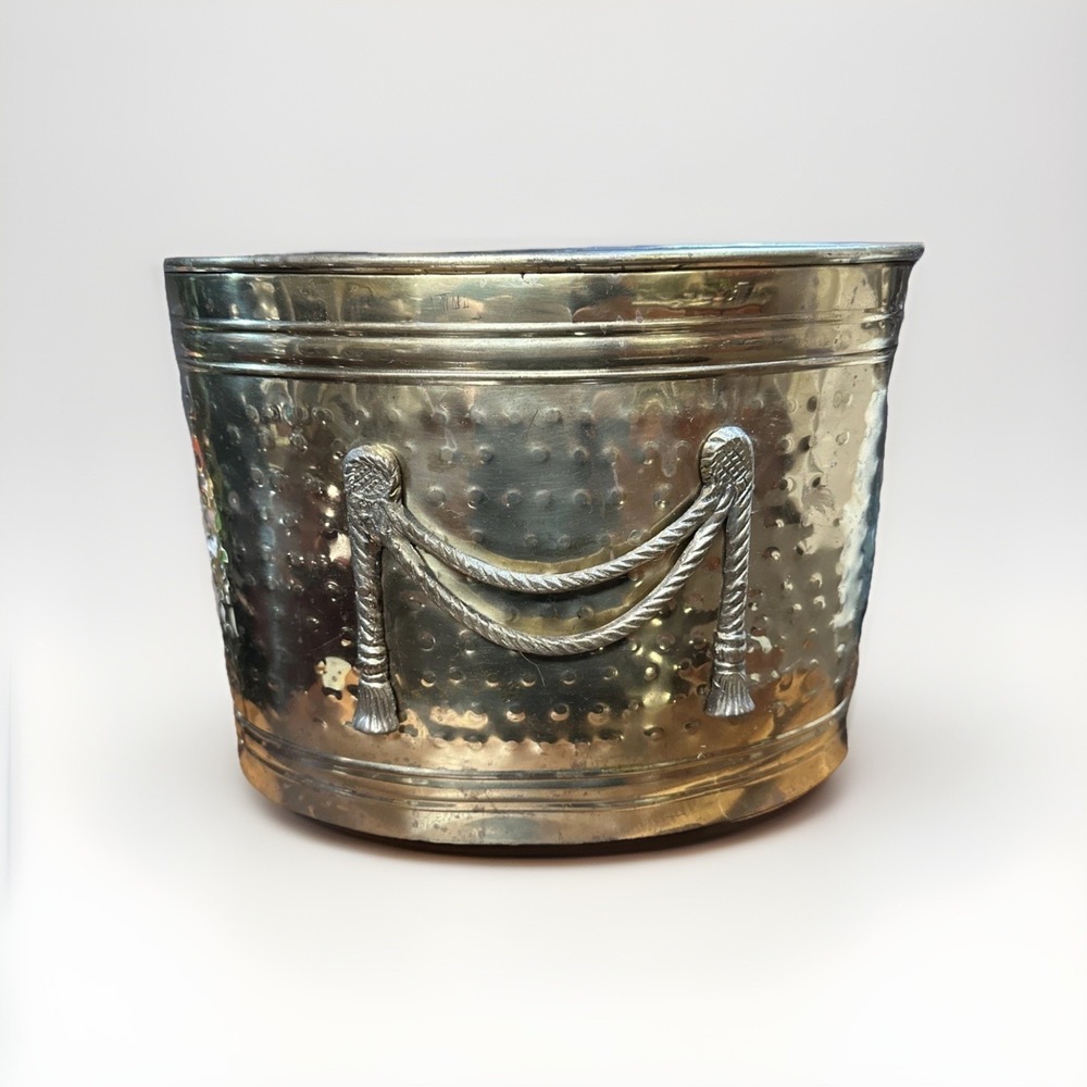 Vintage Solid Brass‎ Hammered Magazine or Kindling Holder Rope Style Detail